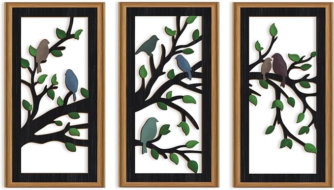 Ausril 3 Pcs Birds Tree Branch Wall Decor,Black Tree of Life Wall Art,Green Leaves with Bird Wall Art,Branch Birds Silhouette Artwork Sculpture,Black Tree Sign Wood Framed for Home Living Room Bedroom