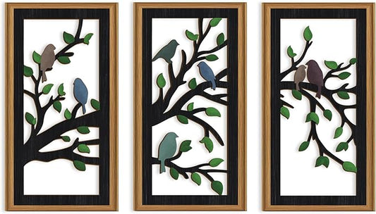 Ausril 3 Pcs Birds Tree Branch Wall Decor,Black Tree of Life Wall Art,Green Leaves with Bird Wall Art,Branch Birds Silhouette Artwork Sculpture,Black Tree Sign Wood Framed for Home Living Room Bedroom