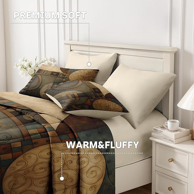 Nesker Comforter Set King Size, Geometry Vintage 7 Pcs Bedding for Kids and Adults, Abstract King Retro Tribe Bed Sheet Sets with Fitted Sheet 2 Pillowcases & 2 Shams