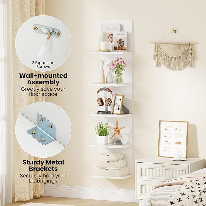 Giantex 5 Tier Wall Shelf Unit Set of 2, Narrow Vertical Floating Shelves for Home Decoration and Storage Organizer, Lack Wall Shelf, Wall Mounted Display Shelves for Bedroom, Living Room, White