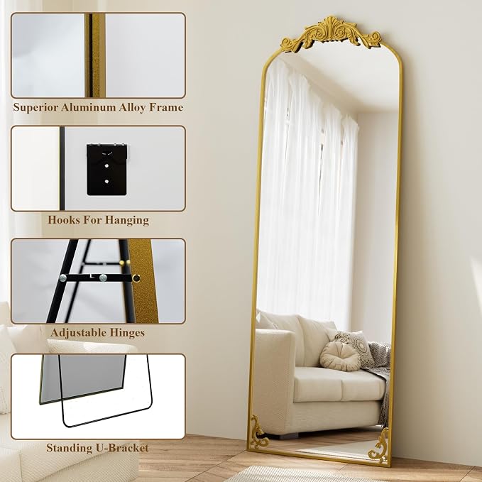 HARRITPURE Vintage Floor Mirror - 64"x 21" Large Baroque Carved Arched Full Length Mirrors with Metal Frame for Bedroom/Living Room/Entryway Retro Home Decor,Gold