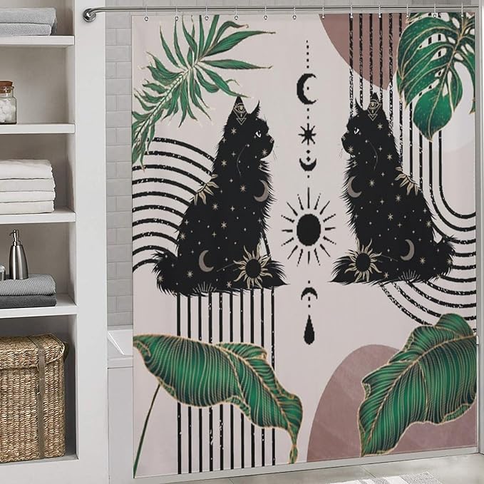 Boho Mid Century Cat Shower Curtain Retro Moon Star Leaves Black Cat Geometric 70s Vintage Waterproof Shower Curtains for Bathroom Decor 12 Pack Hooks 72x72in (183x183cm)