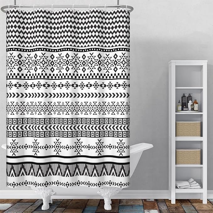 Bohemian Ethnic Shower Curtain for Bathroom Black and White Geometric Pattern Shower Curtains Modern Abstract Minimalist Bathroom Decor Set Washable Waterproof Polyester Fabric with Hooks 48x72 Inch