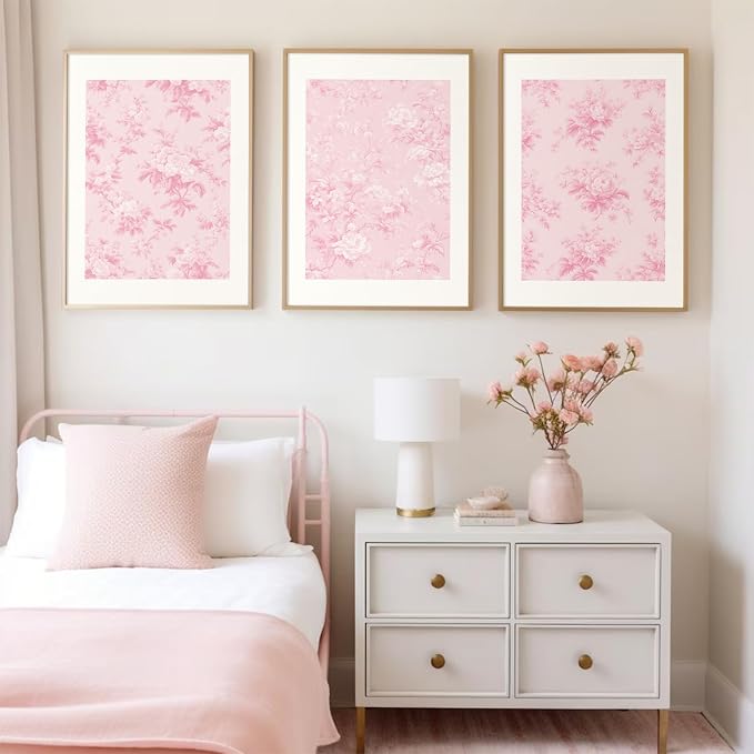 Baccone Pink Floral Wall Art Chinoiserie Flower Wall Decor Pictures Aesthetic Canvas Wall Art Love Shack Fancy Poster Vintage Floral Prints for Living Room Bedroom 12x16 Inch Unframed Set of 3