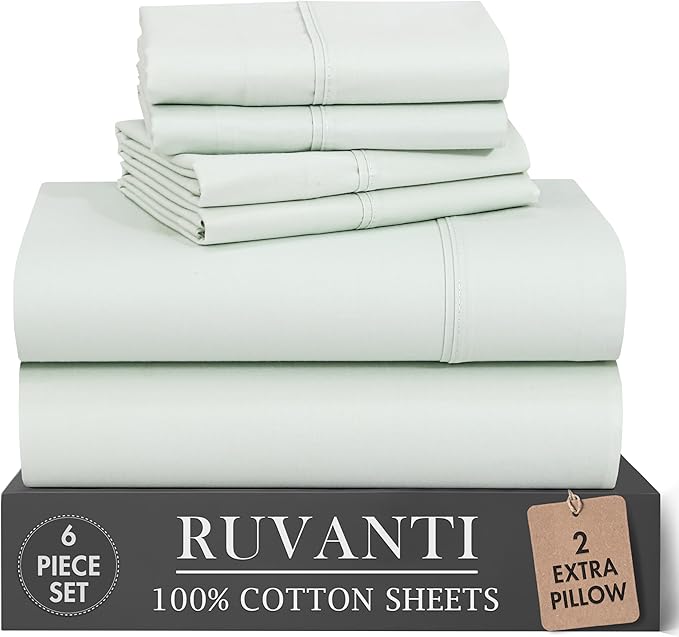 RUVANTI 100% Cotton Percale Sheets Queen Size 6 Piece Set, Cooling Bed Sheets for Hot Sleepers, Deep Pocket 16”, Breathable Lightweight & Durable, Crisp Hotel Style Sheets, Aqua Glass