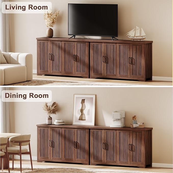 Memobarco Fluted Buffet Cabinet with Storage Accent Sideboard,Modern Credenza with 4 Doors & Adjustable Shelves,Wood Coffee Bar Table Console for Dining Room Kitchen Living Room Entryway, Walnut