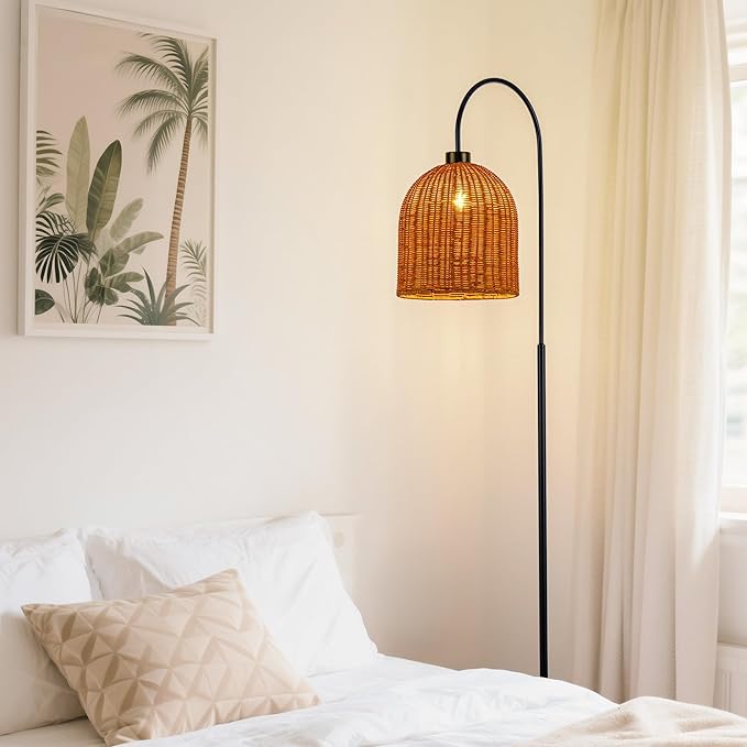 MAYNA 66" Arc Rattan Floor Lamp, Black Boho Standing Lamp with Hand-Woven Wicker Shade, Tall Curved Overarching Reading Light with Foot Switch for Living Room, Bedroom, Coastal Rustic Decor