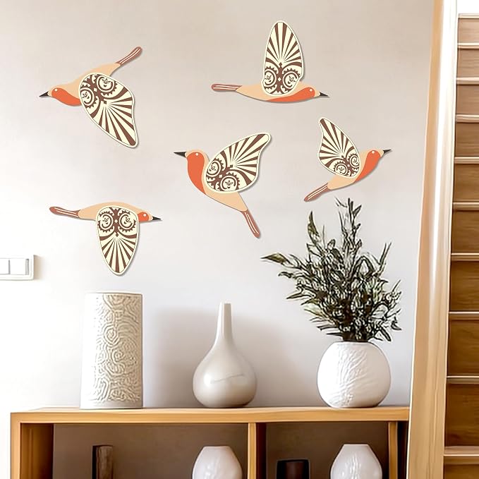 KOYILTD 5 Piece Bird Wood Wall Sculptures Wooden Wall Art Decor Scandinavian Home Decorations Flying Bird Wall Decor Farmhouse Wall Art for Home Living Room Bathroom Dining Room (Orange)