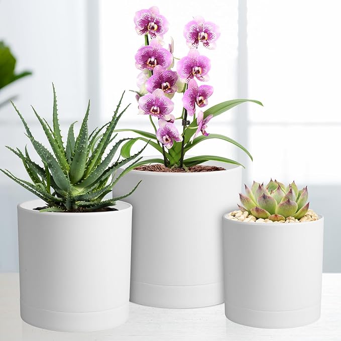 Meowell 7/6.5/6/5/4 inch Flower Pots, 5 Pack Cylinder Plant Pots for Small Indoor Outdoor Plants, Plastic Planters with Drainage Holes and Saucers for Garden Succulent Nursery House Plants, White