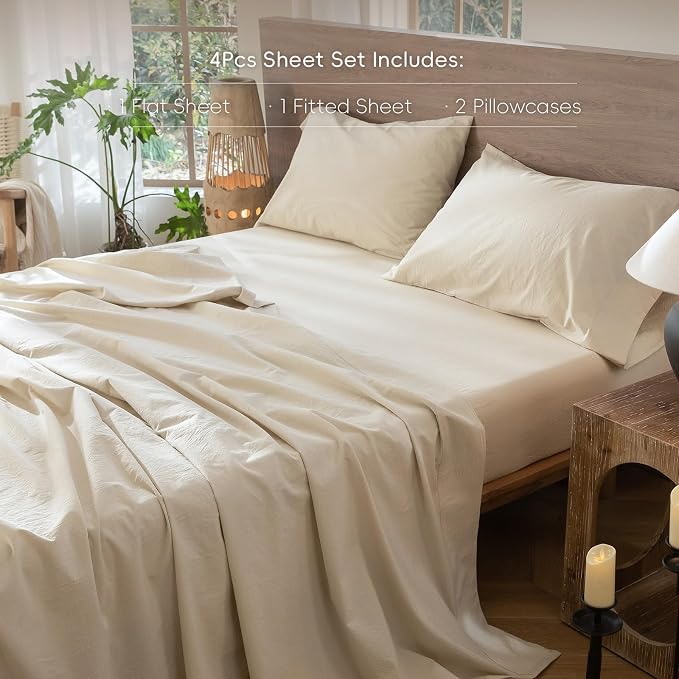 MooMee Bedding Sheet Set 100% Washed Cotton Linen Like Textured Breathable Durable Soft Comfy (Heathered Almond Milk Grey, King)
