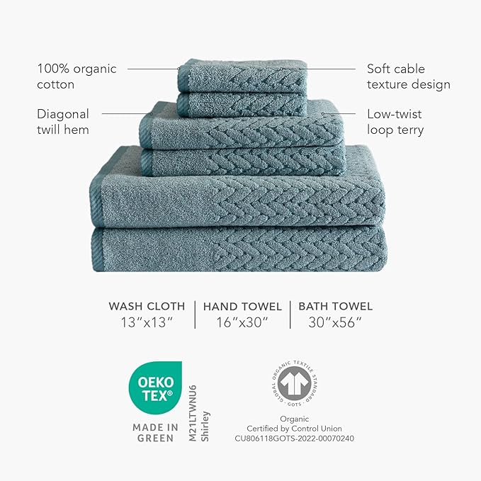 Texere 100% Organic Cotton Jacquard 650 GSM Premium Bath Towel Sets - Extra Absorbent Quick Dry and Plush (Cable, Light Taupe, 2 Bath Towels)