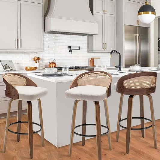 30" Swivel Rattan Bar Stools Set of 3,Mid-Century Modern Beige Linen Fabric Upholstered Counter Height Stools,Kitchen Island Barstools with Rattan Low Backrest,Walnut Wood Finish Bar Chair