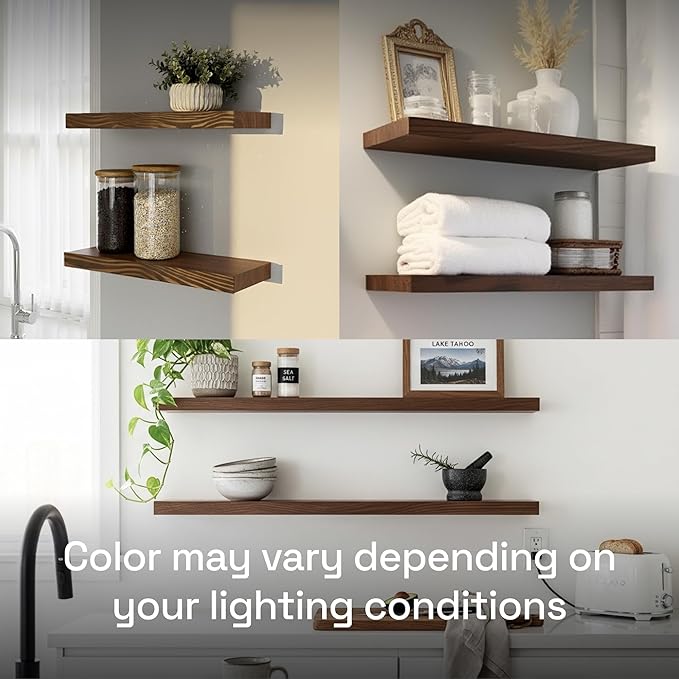 BAOBAB WORKSHOP Solid Wood Floating Shelves for Wall 12 Inch Wide, Small Wooden Shelf Kitchen, Bathroom Shelves for Room Wall Mounted Rustic Farmhouse, Walnut Floating Shelves, 12W × 6.7D, Set of 2