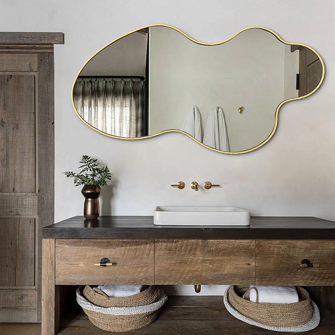 Irregular Mirror, 46.5"x24" Asymmetrical Mirror, Gold Metal Frame Abstract Wall Mirrors Decorative, Modern Odd Shaped Mirrors for Living Room Bathroom Bedroom Hallway Entryway Fireplace