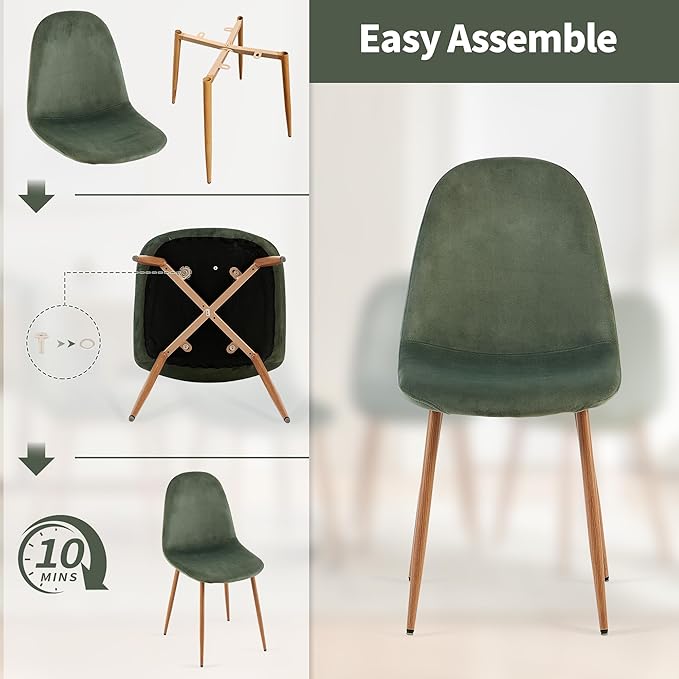 Velvet Dining Chairs Set of 4, Upholstered Dining Room Chairs with Oak Look Foiled Steel Legs, Comfortable Armless Kitchen Chairs for Living Room, Green