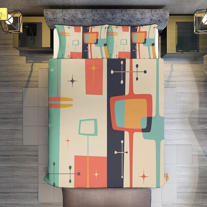 Mid Century Duvet Cover Queen Retro Atomic Bedding Set, Rainbow Grid Comforter Cover Vintage Fifties 1950s Bed Set，Abstract Art Bedding 3 Piece (1 Duvet Cover 79"x90" + 2 Pillow Sham 20"x30")