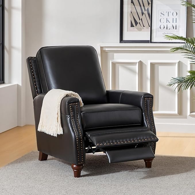 HULALA HOME Genuine Leather Recliner Chair, Classic Push Back Recliner Armchair with Thick Seat and Backrest (Black)