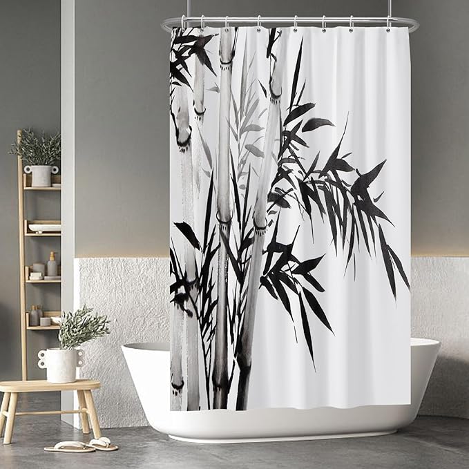 Baocicco Black White Bamboo Shower Curtain Chinese Ink Painting Plant Art Aesthetic Shower Curtains Decorative for Bathroom Waterproof Fabric Shower Curtain with Hooks 48x72 Inches