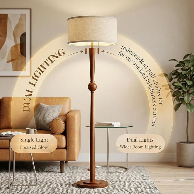 MOFFE 62.8" Solid Wood Floor Lamp,Tall Standing Floor Lamp with 2-Light Pull Chain, 17" Linen Drum Shade, Sculptural Wood Base & Stem,Transitional Floor Lamp for Living Room Bedroom, Includes 2 Bulbs