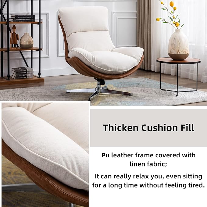 LukeAlon Linen Swivel Lounge Chairs Set of 2, Upholstered High Back Accent Chairs with Metal Base Comfy Recliner Chair Modern Single Sofa Chair for Living Room Office, Beige