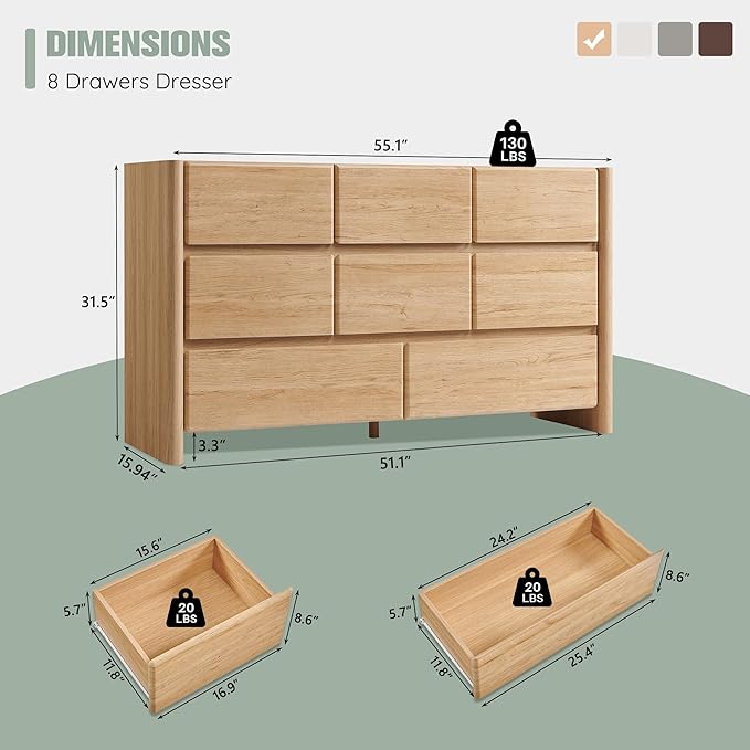 Modern 8 Drawers Dresser for Bedroom, 55" Wide Dresser w/Large Storage & Rounded Corner, Wood Handleless Chests of Drawers w/Natural Texture for Bedroom, Hallway, Living Room-Natural