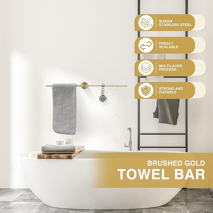 Adjustable Bath Towel Bar Single Bars Towel Rack Rod Wall Mounted SUS304 Stainless Steel Bathroom Towel Holder Toilet Kitchen Towel Shelf Single Layer Modern (Brushed Gold(600mm))