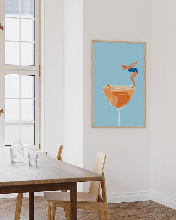 HAUS AND HUES Preppy Pictures Bar Art - Colorful Cocktail Prints, Bar Cart Accessories, Minimalist Blue and Orange Picture for Room Aesthetic, Bar Wall Decor, Vintage Aperol Spritz (24x36 Unframed)