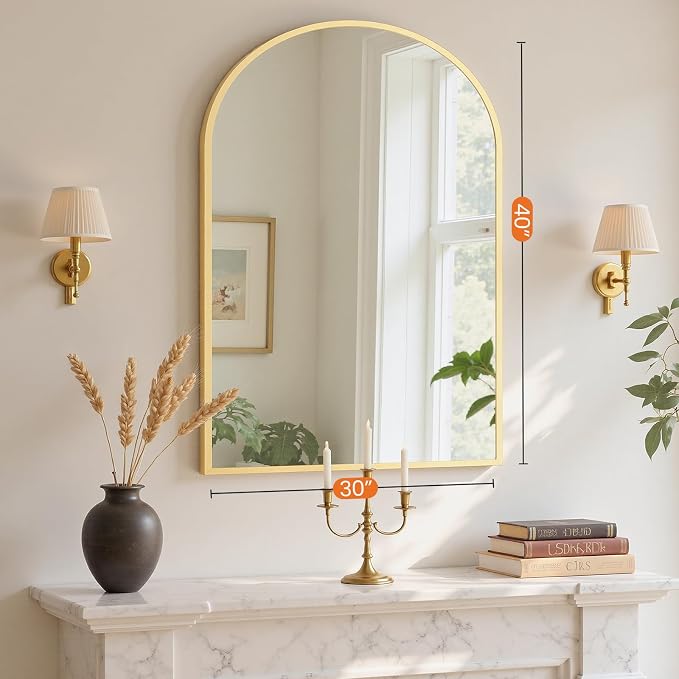 NEWBULIG 40X30 Inch Arched Bathroom Mirror for Wall, Vanity Bathroom Mirrors for Over Sink Tempered Glass, Anti-Rust Arched Metal Framed, Hangs Horizontally or Vertically, Farmhouse Home Decor, Gold