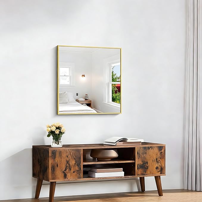 KOCUUY Gold Bathroom Mirror, 24"x24" Rectangle Bathroom Mirror for Wall, HD Tempered Glass, Anti-Rust Frame, Modern Design for Bathroom, Bedroom, Living Room, Entryway
