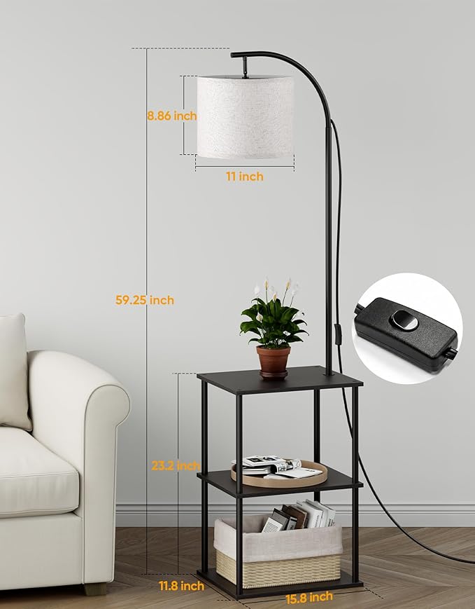 PARTPHONER Floor Lamp with Table, Night Stand with Lamp, Narrow Side Table with 3CCT LED Bulb, Small Coffee Table, Modern End Table with Storage Shelves for Living Room Bedroom Home Décor, Black