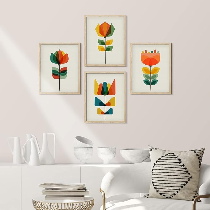 SIGNWIN Framed Mid-Century Modern Retro Botanical Flower Garden Wall Art, Set of 4 Abstract Geometric Wall Decor Prints, Nature Wilderness Wall Décor for Living Room, Bedroom - 12"x16" Natural