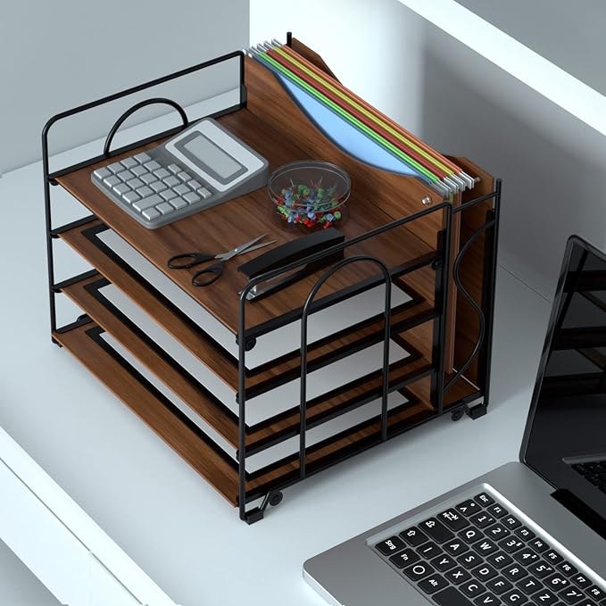 LUCYCAZ File Organizer for Desk - Paper Organizer, 4 Tier Wood Desk Organizer for Hanging File Folders Letter Size or A4 Size, Desktop File Organizer for Office School and Home, Black