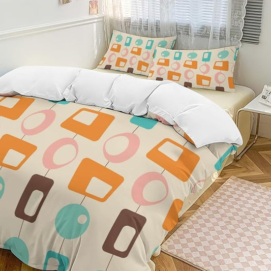 Colorful Aesthetic Comforter Cover Geometry Bed Set, Retro Atomic Duvet Cover，Modern Mid Century Bedding Sets，Aesthetic Abstract Art Bedding 3 Piece (1 Duvet Cover 86"x70" + 2 Pillow Sham 20"x30")