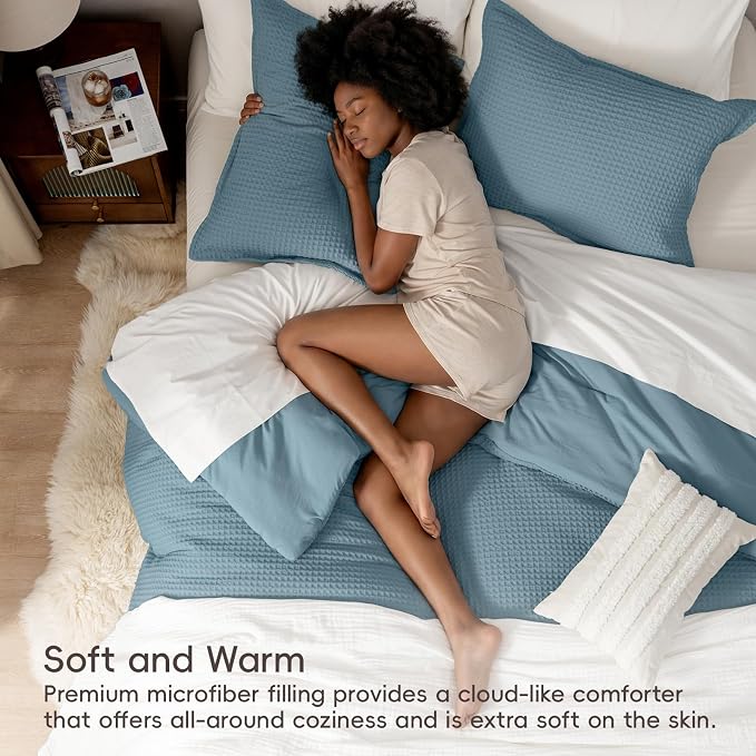 PHF Ultra Soft Waffle Weave Comforter Set Queen Size, 3 Pieces Lightweight Breathable Comfy Bedding Set, Comfy Textured 1 Comforter with 2 Pillow Shams, Stormy Blue