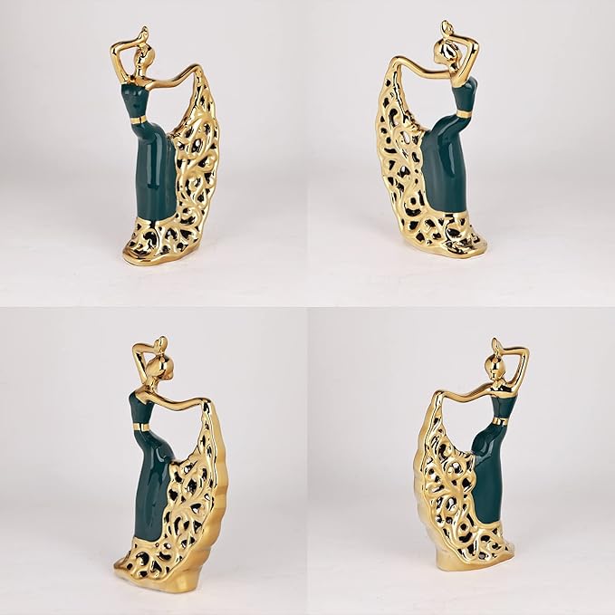 DOVDOV Ceramic Peacock Dancer Statue, Green and Gold Home Decor, Ballerina Sculpture, Peacock Home Decor for Room Corner Shelf Bathroom Shelf Corner Shelf TV Cabinet Corner Counter Top Decoration