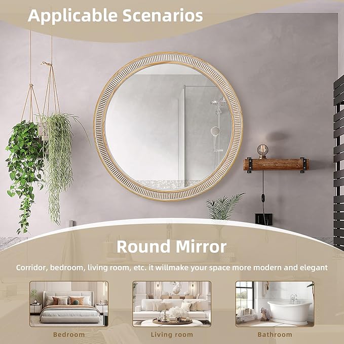 Round Wood Mirrors for Wall Decor, 30 Inch Rustic Farmhouse Circle Decorative Mirror for Bathroom, Living Room, Foyer, Entryway, Bedroom