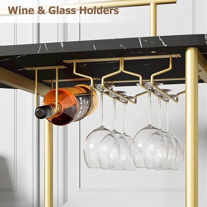 Takywep Bar Cart with Wine Rack and Glass Holder, 4-Tier Modern Serving Cart on Wheels, Mobile Liquor Cabinet & Coffee Station for Home Kitchen, Dining Room, Marble Wood/Gold