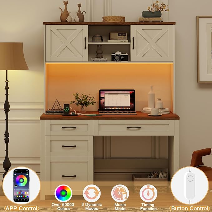 Farmhouse 67" H Executive Desk with Hutch,Office Table with 4 Drawers and LED light, Computer Desk with Storage Cabinet & File Drawers and Charging Station, Wood Workstation for Home Office and Study