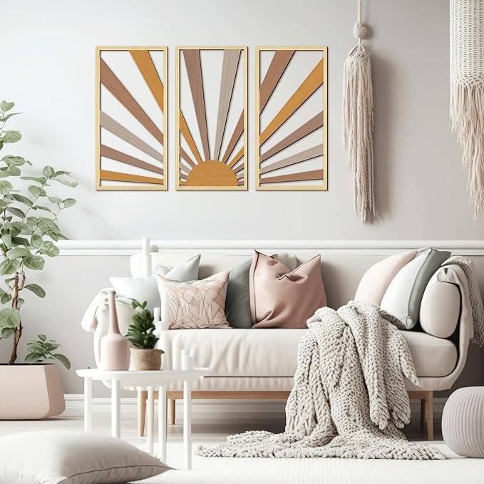 Suzile 3 Pcs Wall Sculptures Wooden Wall Decor Boho Geometric Line Hollow Wall Decor Mid Century Modern Decor Minimalist Geometric Art for Living Room Bathroom Bedroom Office Kitchen (Sunrise)