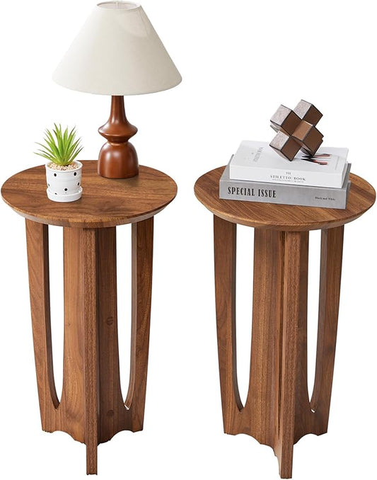 Side Table Set of 2,Mid Century Modern Narrow Round End Table with Curved Legs, Small Side Tables for Living Room, Bedroom (Walnut)