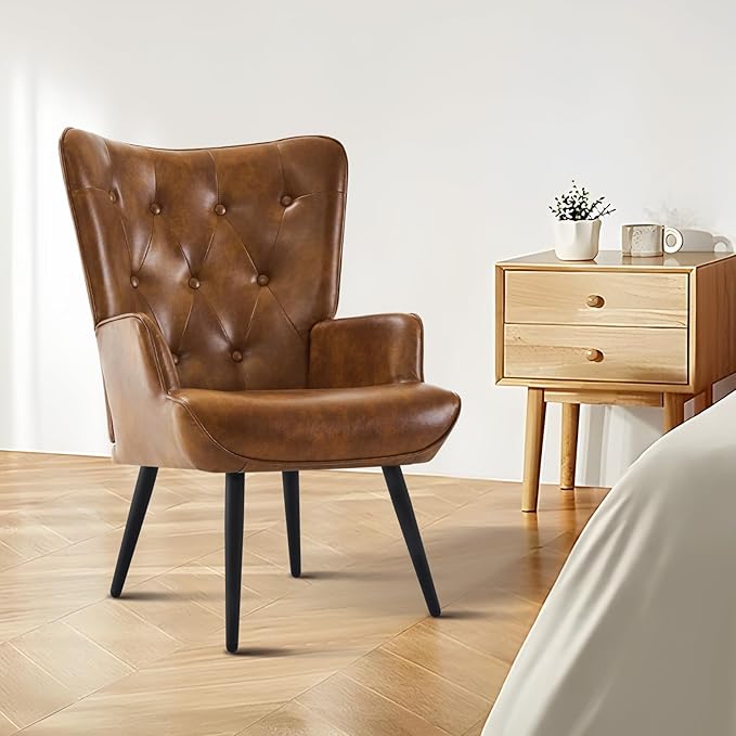 Furnimart Faux Leather Accent Chair Mid Century Modern Living Room Chairs; Comfy Armchair Leisure Vanity Guest Wingback Chair for Office Study Vanity Bedroom Waiting Room PU Yellow Brown