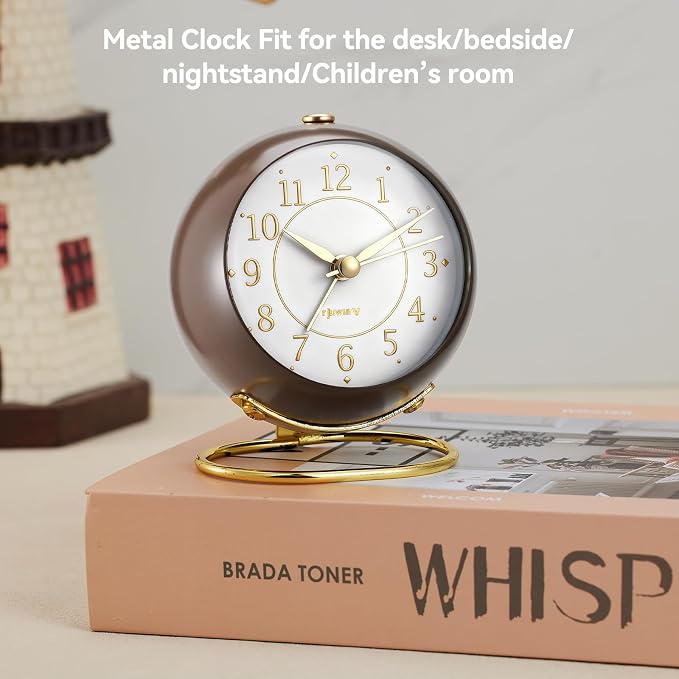 rjuwurv Metal Desk Alarm Clock, Retro Bedroom Table Vintage Analog Silent Non-Ticking Gold Alarm Clock, Bedside Decor(Coffee Brown)