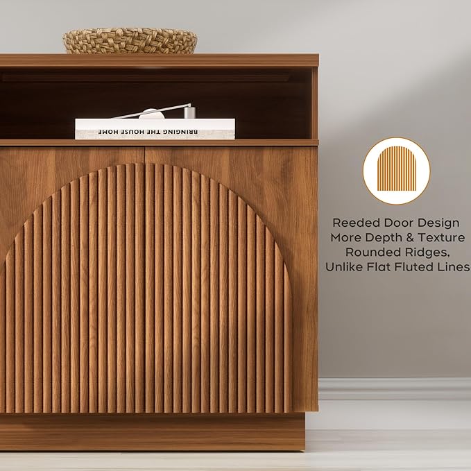 Yechen Walnut Fluted Sideboard Buffet Cabinet with Arched Reeded Design Doors, Mid Century Modern Credenza Storage Cabinet with Adjustable Shelves, for Living Room Kitchen Dinning Entryway