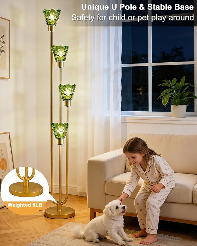 Lightdot Glass Floor Lamp Dimmable 4-Lights Gold with Green Glass Shade 3000K Bulbs Included Mid Century Modern Standing Tall Lamp with 5Lbs Heavy Base for Living Room/Bedroom/Sofa Beside/Corner Decor