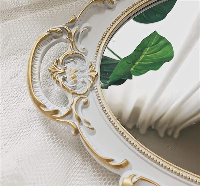 Oval Vintage Decorative Mirror Tray, Jewelry Cosmetics Makeup Dresser Storage Organizer Tray, Serving Tray (9.8”x 14.6”) White