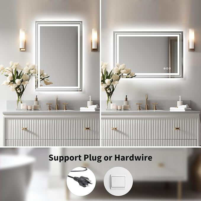 WTTY LED Bathroom Mirror with Backlit and Front Light, 24" X 31.5" Stepless Dimmable LED Mirror for Bathroom,Anti-Fog Lighted Bathroom Vanity Mirror Modern for Wall,Memory Function,Shatter-Proof