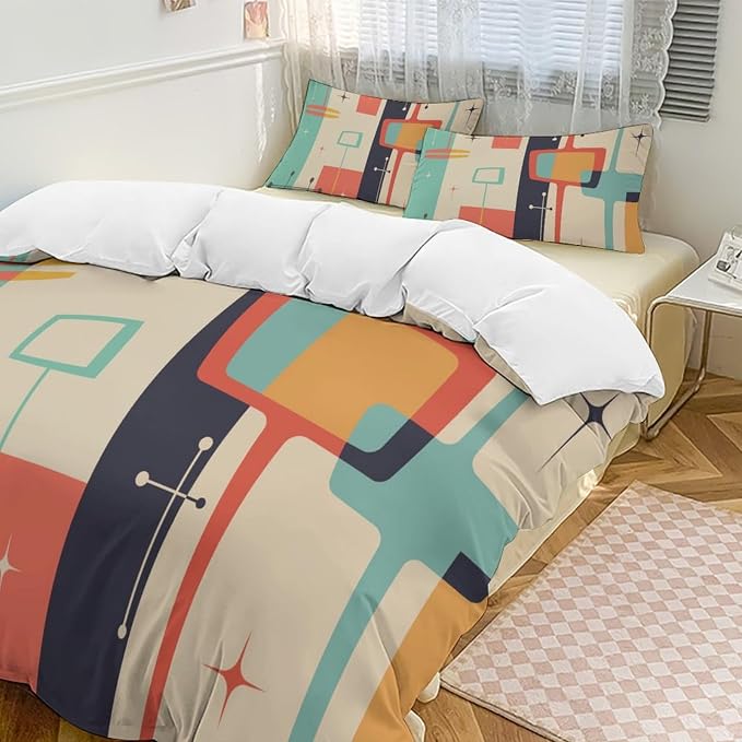 Mid Century Duvet Cover Queen Retro Atomic Bedding Set, Rainbow Grid Comforter Cover Vintage Fifties 1950s Bed Set，Abstract Art Bedding 3 Piece (1 Duvet Cover 79"x90" + 2 Pillow Sham 20"x30")