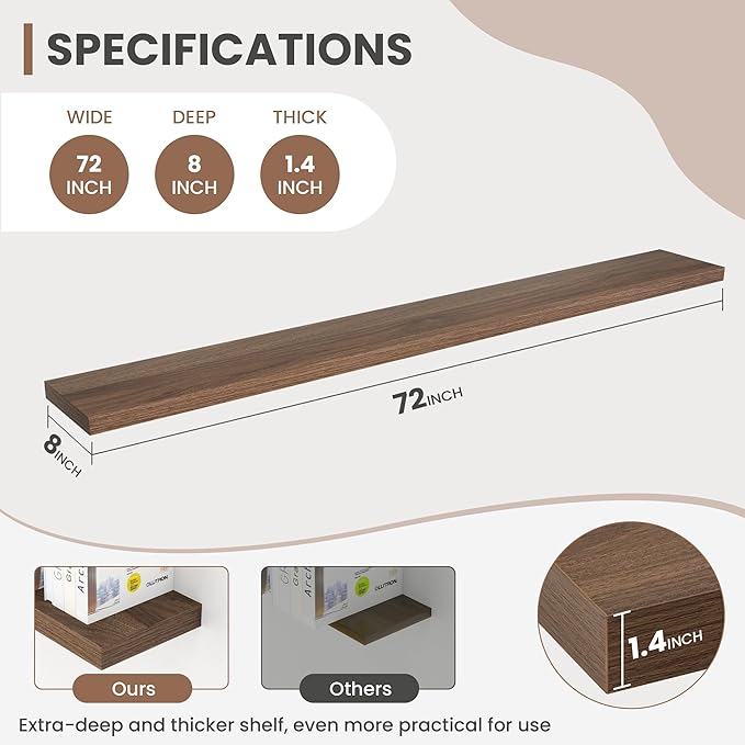 72 Inch Floating Shelves, 8 Inch Deep Floating Shelves for Wall, Hanging Shelf with Invisible Brackets, Deep Shelves for Bathroom, Bedroom, Living Room, Walnut, Set of 2