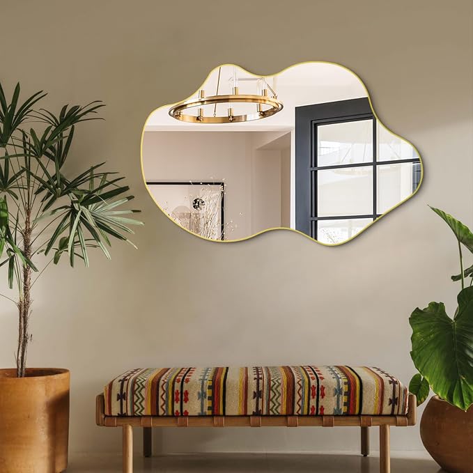 Gold Irregular Mirror, 31.5"x23.6" Asymmetrical Wall Mirrors, Unique Shaped Mirror Decorative, Modern Frameless Abstract Mirrors for Living Room Bathroom Bedroom Hallway Entryway Fireplace