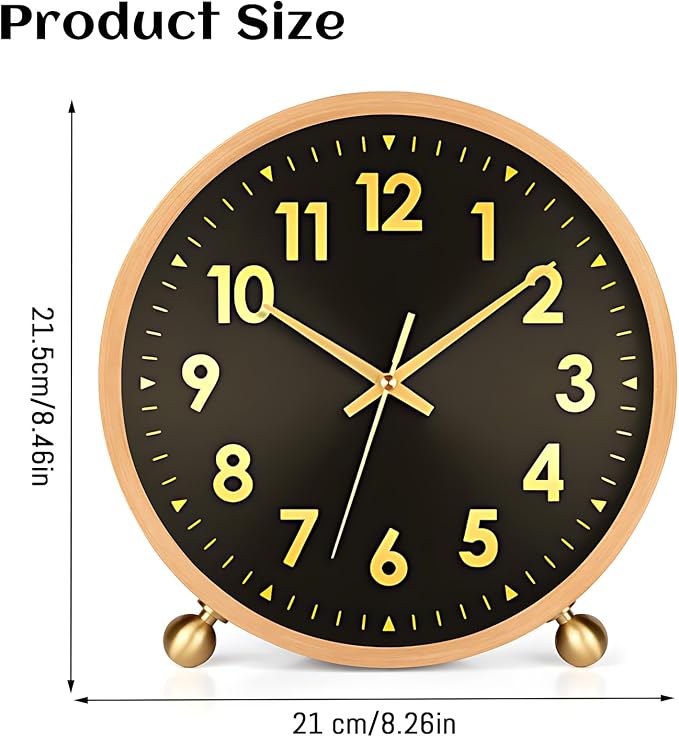 Maxspace Wooden Table Clock,8in Silent Non-Ticking Desk Clock with Gold Ball Base,Battery Operated Desktop Analog Clock for Living Room Office Bedroom Decor (Black Gold - Log, Copper Ball Base)